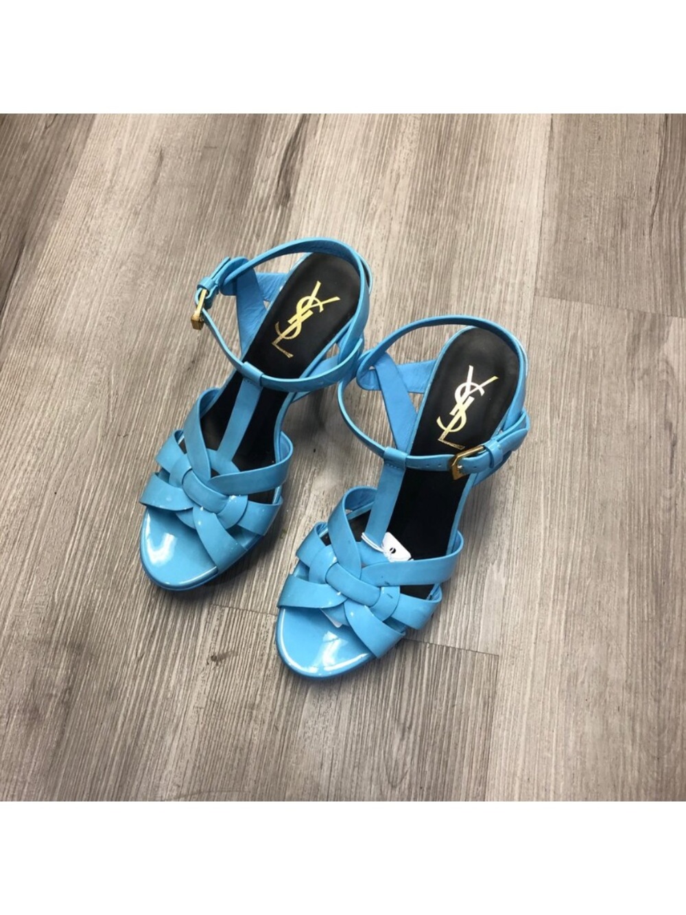 Saint Laurent Turquoise Patent Leather Woven Ankle-Strap Heels
